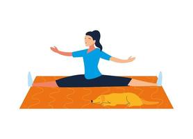 woman doing stretching exercises in the company of her pet vector