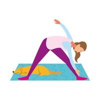 woman doing stretching exercises in the company of her pet vector