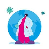 Female doctor helping the world with mask and medical gown vector