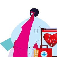Female doctor in medical uniform with mask, medicine kit and medical history vector