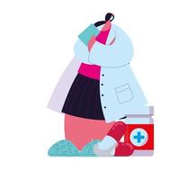 Female doctor in medical uniform with mask and medicine kit vector