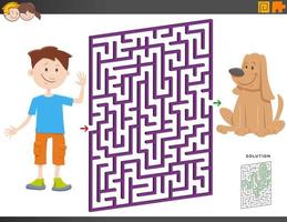 maze game with cartoon boy and puppy dog vector