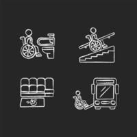 Instalaciones para usuarios de sillas de ruedas iconos de tiza blanca sobre fondo negro vector