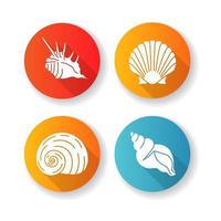 Exotic sea shells flat design long shadow glyph icons set vector