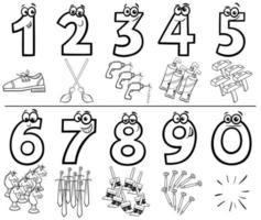 cartoon numbers set coloring book page with objects vector