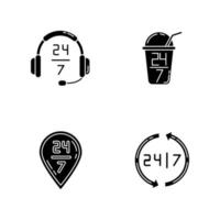 24 7 hour service black glyph icons set on white space. Headset sign of customer support. Twenty four seven open bar. All day available delivery. Silhouette symbols. Vector isolated illustration