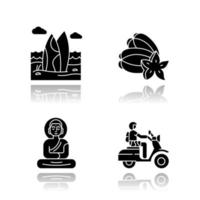 Indonesia drop shadow black glyph icons set. Tropical country seaside. Vacation in Indonesia. Exotic traditions, culture. Unique fruits. Bali sightseeing and culture. Isolated vector illustrations