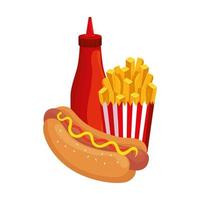 delicious hot dog with french fries and bottle sauce fast food icon vector