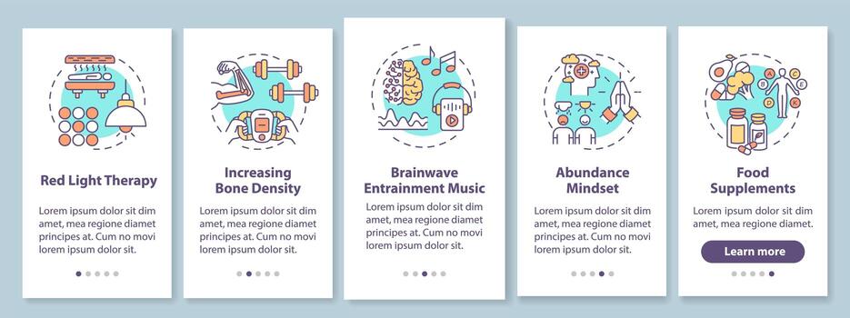 Biohacking techniques onboarding mobile app page screen with concepts vector