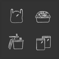 paquetes de comida para llevar tiza iconos blancos en fondo negro. bolsa de plástico con asas, recipiente con tapa para ensalada, paquete zip, paquete de comida caliente para llevar. ilustraciones de pizarra vector aislado