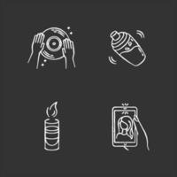 Clubbing chalk white icons set on black background. Night club recreation, entertainment venue. DJ record, cocktail shaker, hot shot and selfie isolated vector chalkboard illustrations