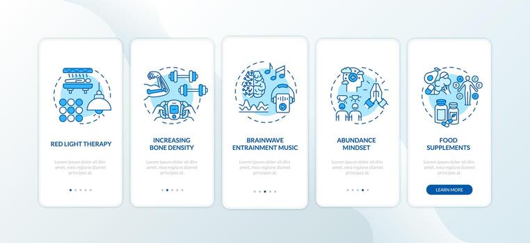 Biohacking techniques onboarding mobile app page screen with concepts vector