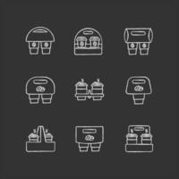 Paper cup holders chalk white icons set on black background. Coffee to go packages. Take away hot caffeine drinks. Takeaway cardboard carriers for cups. Isolated vector chalkboard illustrations