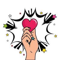 hand with heart and explosion pop art style vector