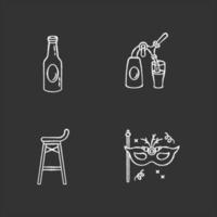 Entertainment venue chalk white icons set on black background. Recreation in pub, night club theme party. Beer, bar stool and masquerade mask isolated vector chalkboard illustrations