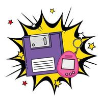 floppy with video game mascot of nineties in explosion pop art vector