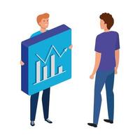 young men and button with bars statistical graph vector