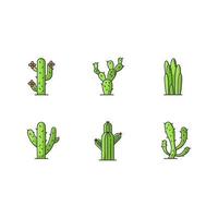 Cactuses green RGB color icons set. American desert plants with fleshy trunks. Family Cactaceae. Different prickly succulents. Arid area thorny wildflowers. Isolated vector illustrations