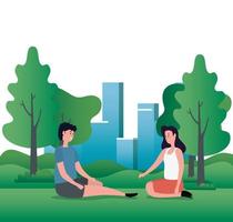 cute lovers couple seated on the park characters vector