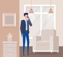 businessman worker calling with smartphone in the livingroom vector