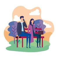 business couple calling with cellphone in the park chair vector