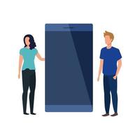 young couple with smartphone characters vector