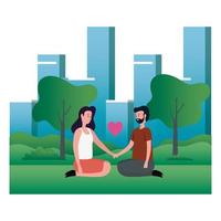 cute lovers couple seated on the park characters vector