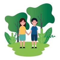 little kids couple on the park scene vector