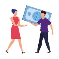 young couple with bills dollars characters vector