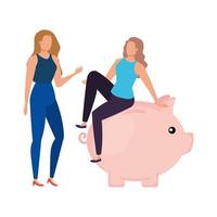 young women with piggy savings characters vector