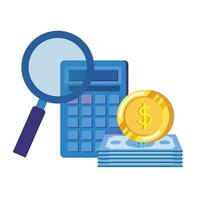 calculator math with magnifying glass and money vector