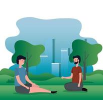 cute lovers couple seated on the park characters vector