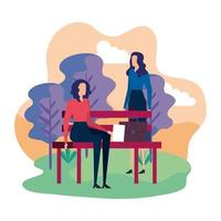 elegant businesswomen seated in the park chair vector