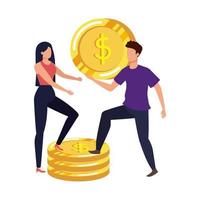 young couple with coins money avatars characters vector