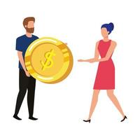young couple with coins money avatars characters vector