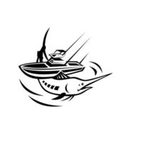 Blue Marlin Jumping With Charter Fishing Boat Retro Black and White vector