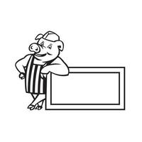 Butcher Pig Leaning On Sign or Signage Cartoon Black and White