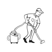 Commercial Carpet Cleaner Worker Vacuuming with Vacuum Cartoon Black and White vector