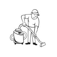 Trabajador limpiador de alfombras comercial aspirando con aspiradora caricatura en blanco y negro vector