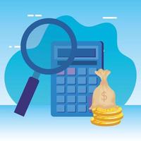 calculator math with magnifying glass and money vector