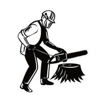 Arborist Tree Surgeon Holding Chainsaw Cutting Tree Stump Black and White vector