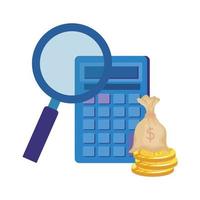 calculator math with magnifying glass and money vector