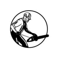 Arborist With Chainsaw Side View Woodcut Circle Retro vector