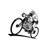 Cyclist Riding Bicycle with Eight-Cylinder Piston Engine or V8 Engine Retro Black and White vector