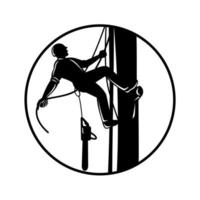 Arborist Climbing Up Tree With Chainsaw in Circle Retro Woodcut Black and White vector