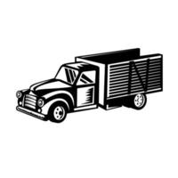 Vintage camioneta americana clásica con rieles laterales de madera xilografía retro en blanco y negro vector