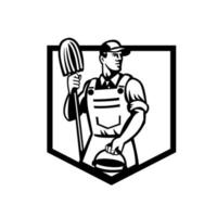 Janitor Cleaner Holding Mop and Bucket Shield Retro Black and White vector