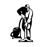 Cleaner Janitor Vacuuming Cleaning With Vacuum Cleaner Retro Black and White vector
