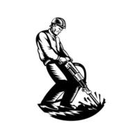 Construction Worker with Jack Hammer Pneumatic Drill Woodcut Retro Black and White vector