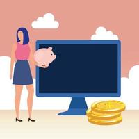 young woman with desktop and money vector